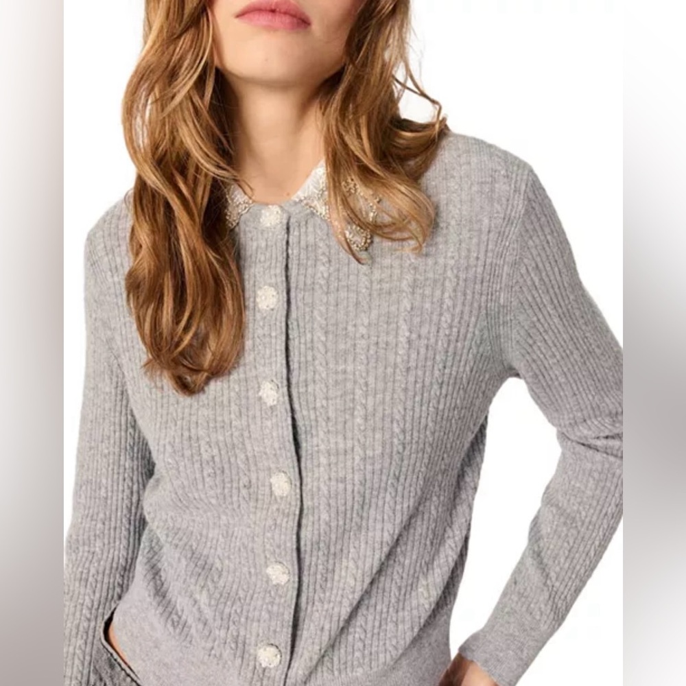 Maje Gray Cardigan with Beaded Collar - Picture 3 of 9